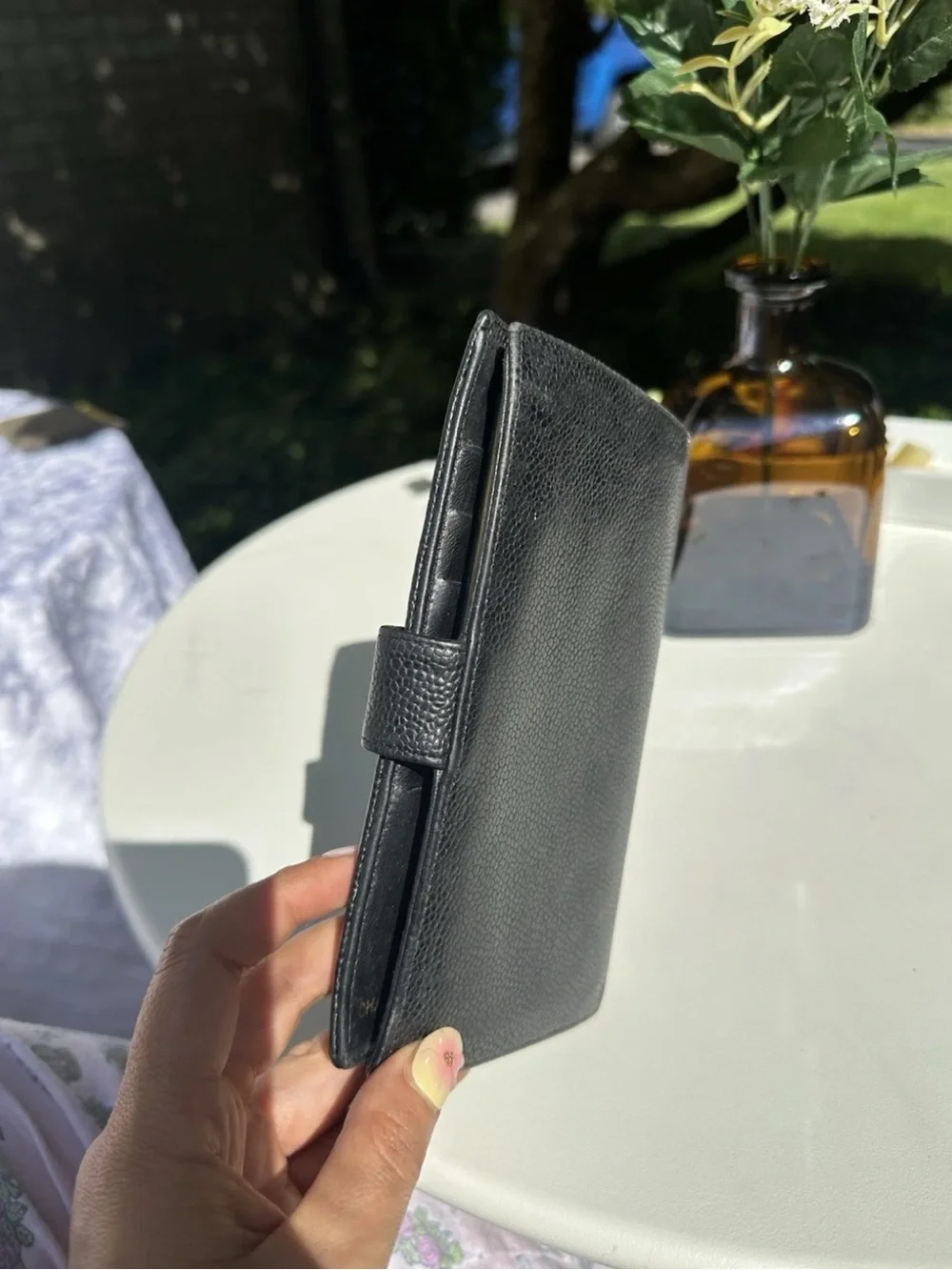 CHANEL Black Caviar Leather Phone Wallet Case with CC Logo Tri Fold Vintage